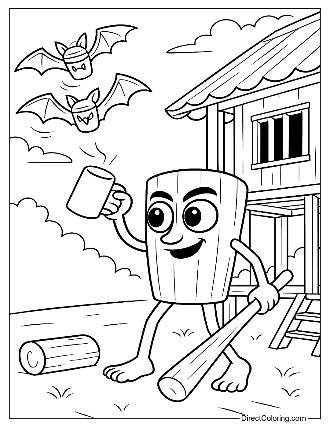 a coloring page of Sahur chasing flying bats out of the guardhouse with coffee